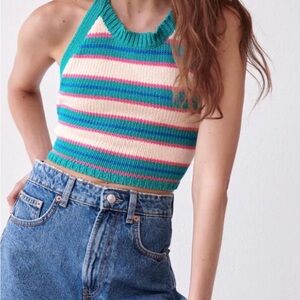Zara Blue and White Sleeveless Ribbed Crop Tank Top